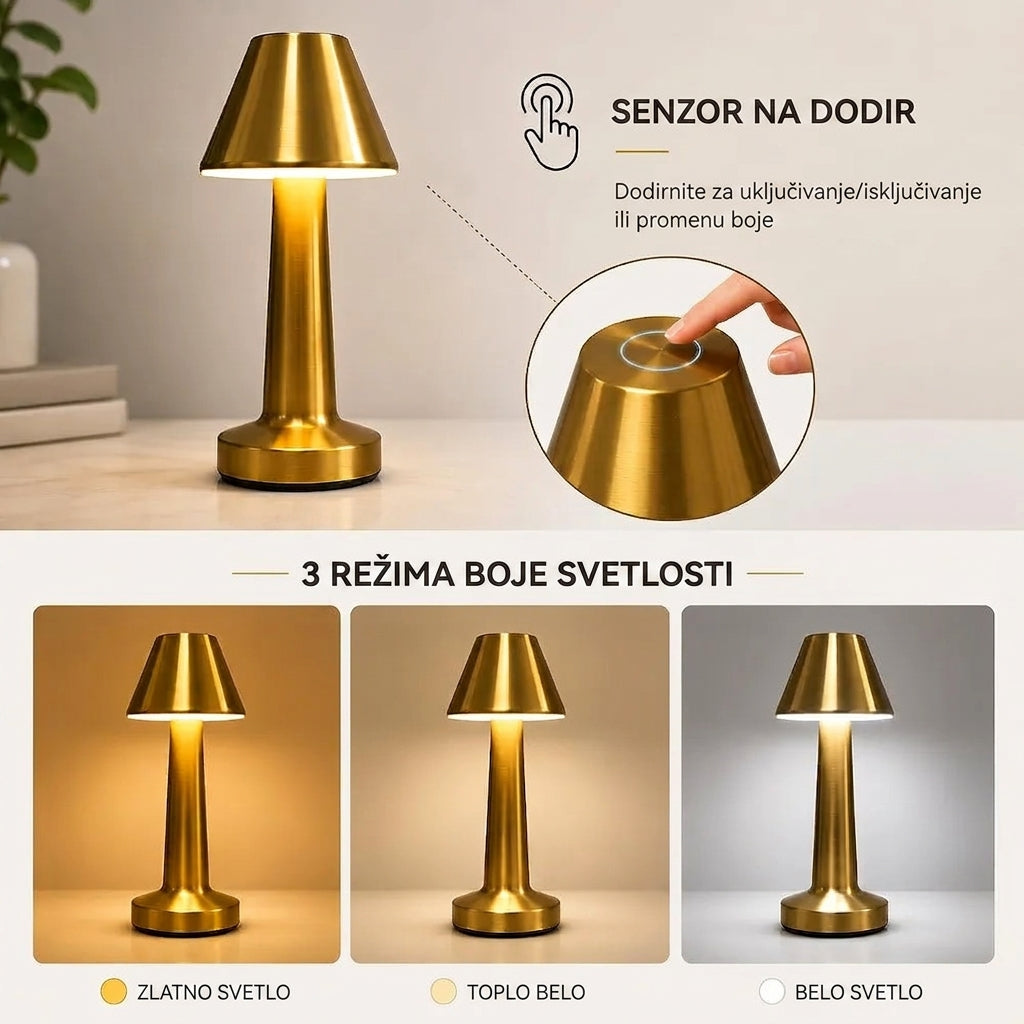 Golden touch stona lampa prikazana sa 3 rezima osvetljenja