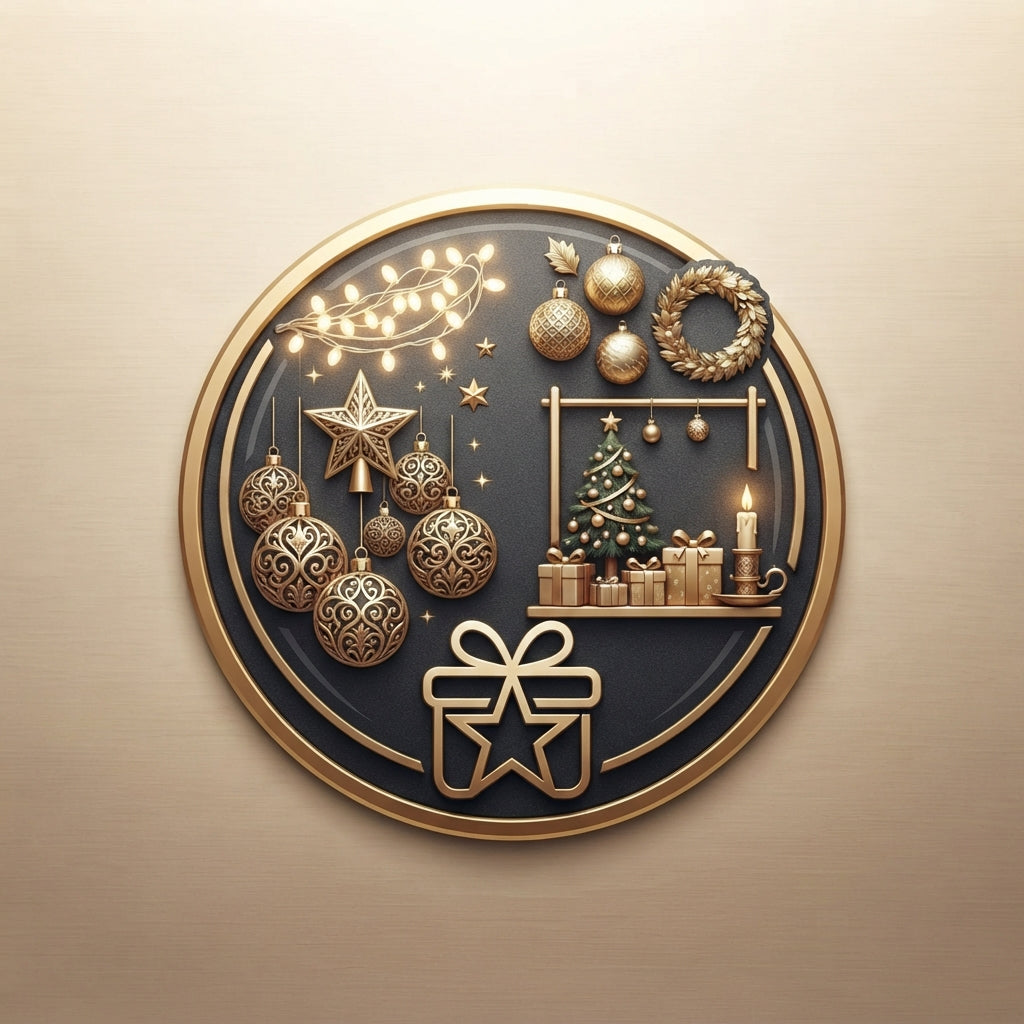 Elegantan kružni logo za prazničnu dekoraciju sa srebrnim ukrasima i svetiljkama.