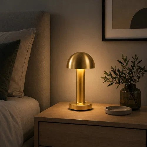 metalna led stona lampa na stocicu pored kreveta