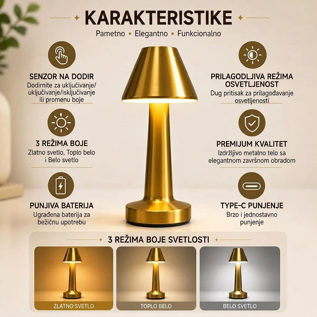 Stona lampa golden touch, osetljiva na dodir, zlatne boje
